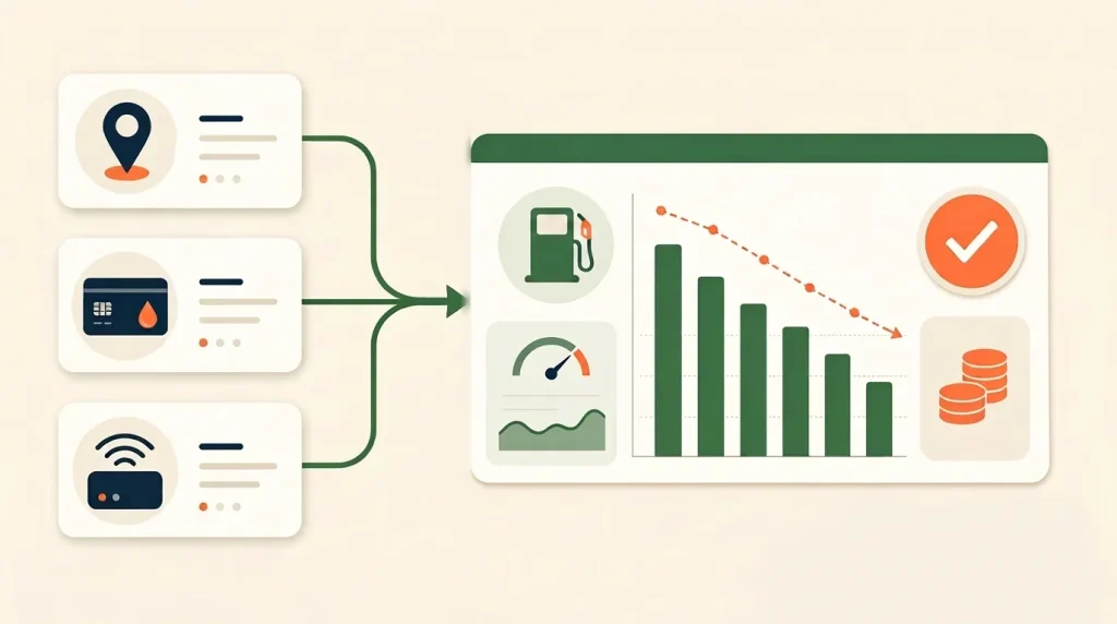 Fleet fuel management dashboard pulling GPS, fuel card and telematics data together to show fuel costs trending down