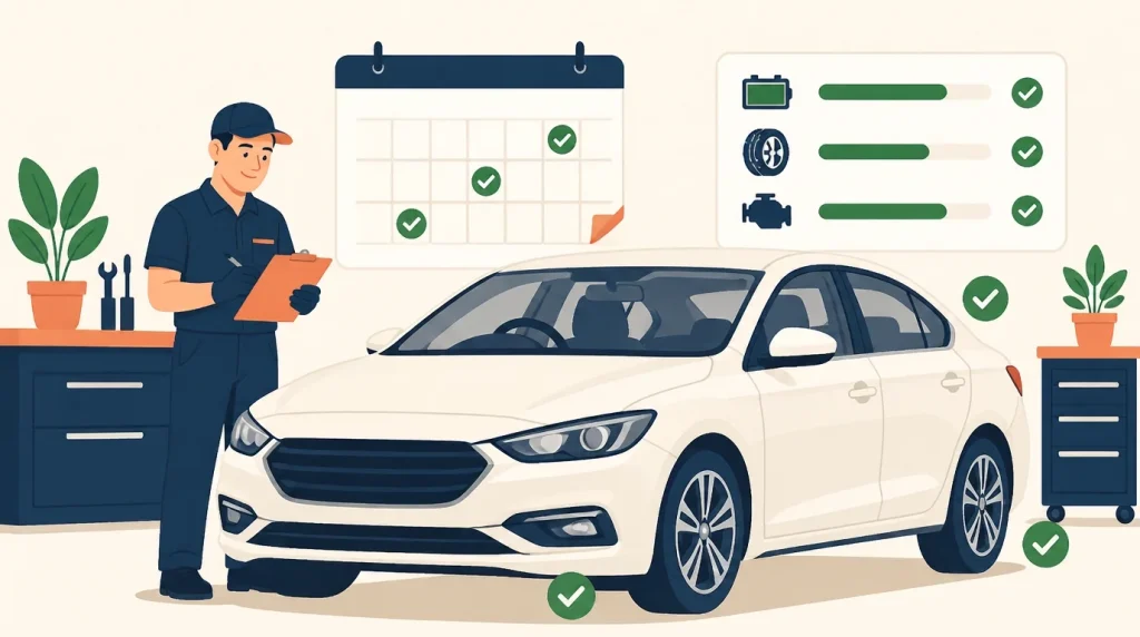 Fleet maintenance technician checking a service schedule beside a vehicle, with tyre, battery and engine health all ticked off