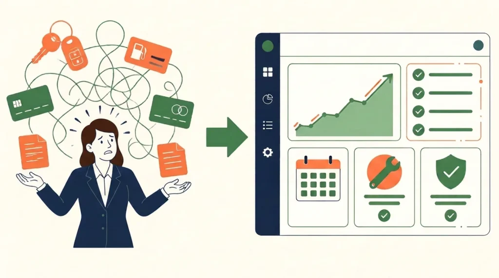 Overwhelmed fleet manager juggling keys, fuel cards and paperwork, next to a tidy outsourced fleet management dashboard