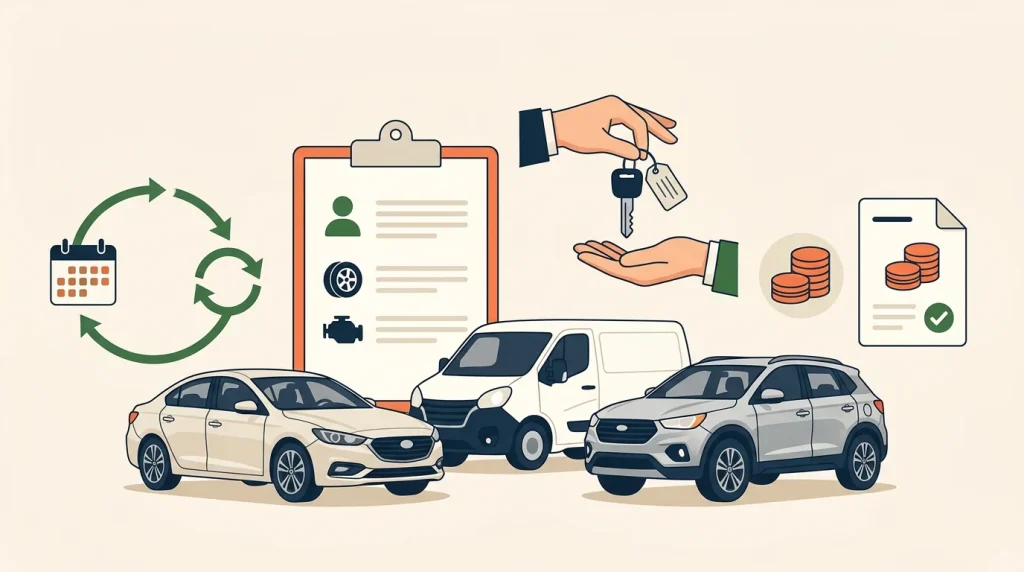 Fleet leasing illustration with a car, van and SUV, a vehicle checklist, a renewal cycle, a key handover and a payment document