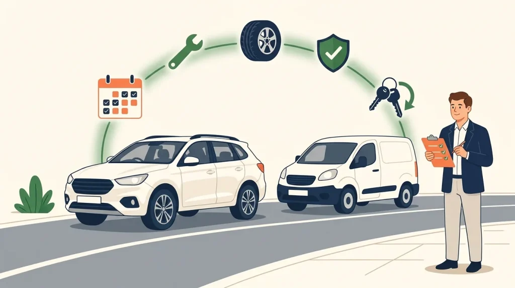 Fully maintained operating lease illustration showing a fleet manager, a car and a van, with servicing, tyre, cover and key icons