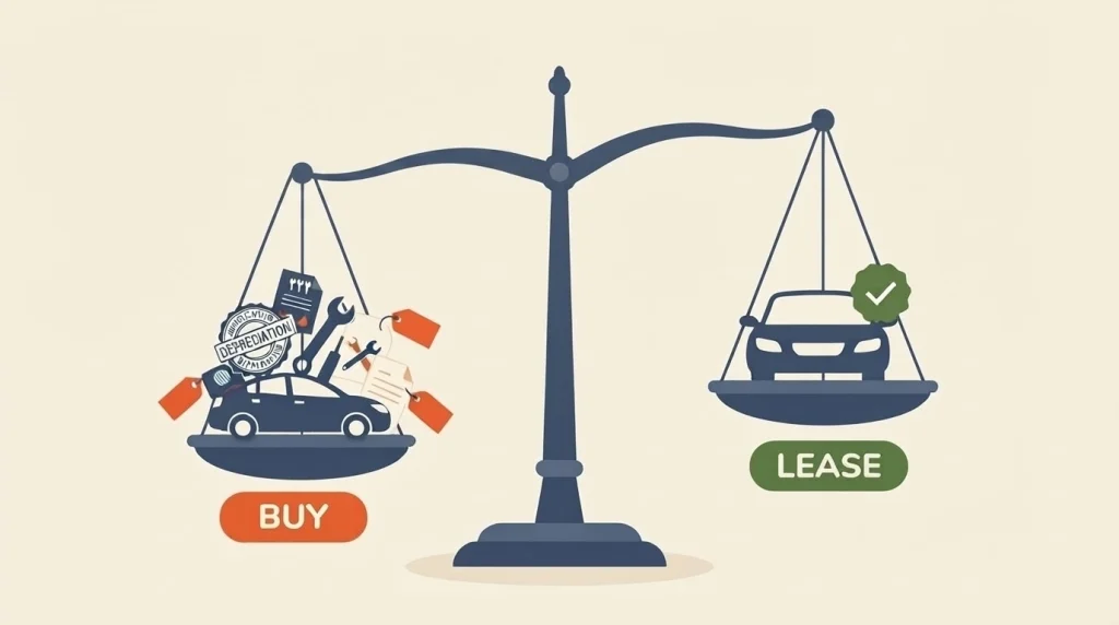 Lease or buy fleet vehicles: scales weighing the depreciation and repair costs of buying against a simple lease
