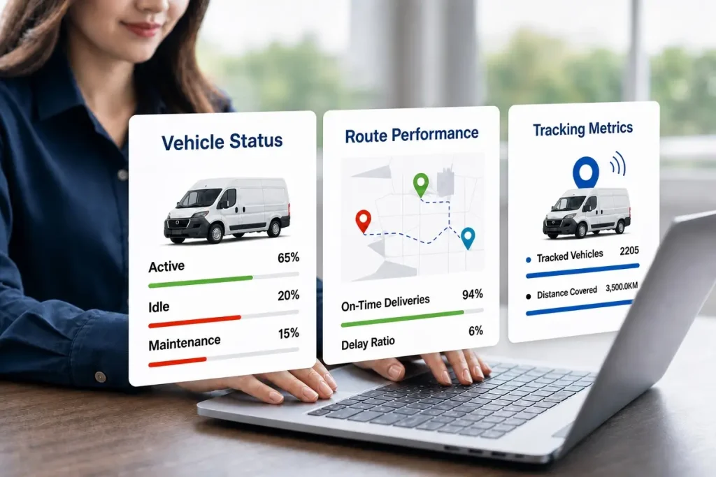 Person using a laptop showing fleet dashboard cards for vehicle status, route performance and tracking metrics
